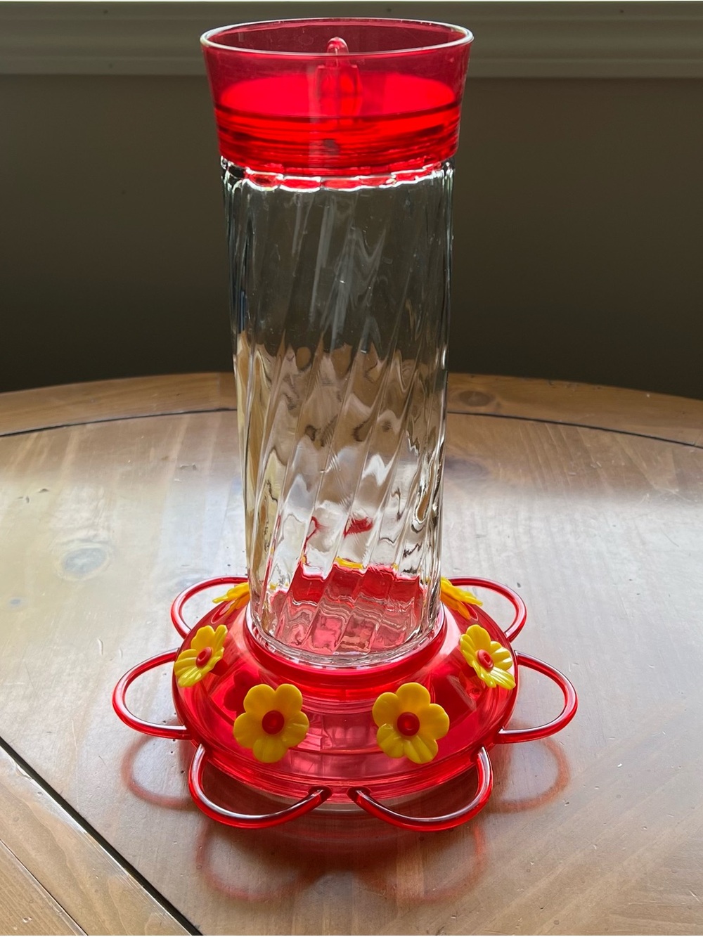 Red Glass Hummingbird Feeder with Yellow Flower Ports